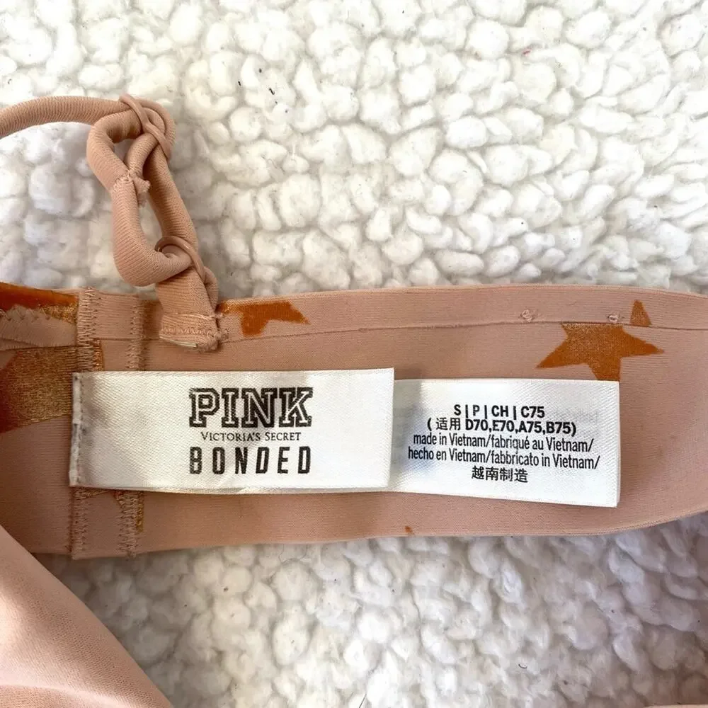 PINK Victoria’s Secret Bonded Scallop Star Plunge Pink & Gold Bralette Small